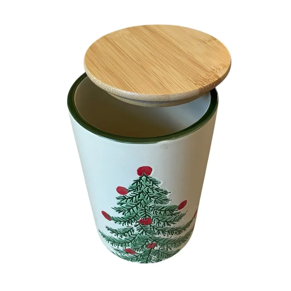 ELI & ANA Erma Christmas Tree Ceramic Canister Cookie Jar w/ Wood Lid 7.5in NEW